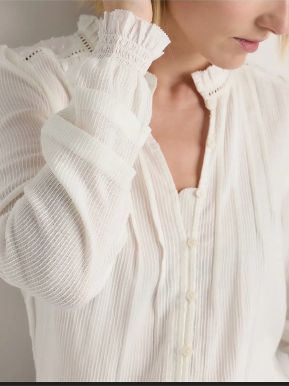 Quince White Top 100% Organic Cotton Ruffle Button-Up Blouse Shirt Spring M